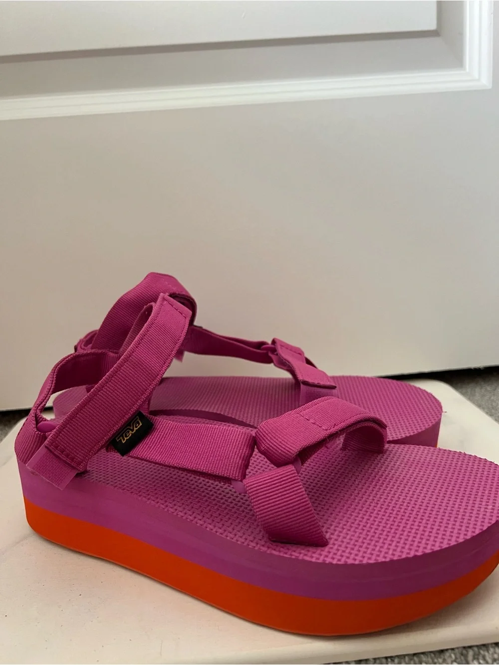 TEVA Hot Pink Platform Sport Sandals with Orange Sole - Size 9